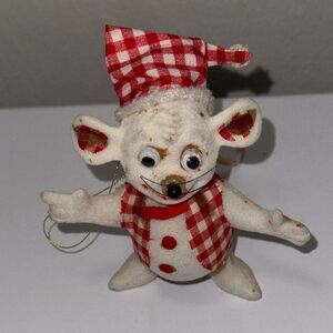 Vintage Flocked Plastic Mouse Christmas Ornament with Red Checkered‎ Hat & Vest
